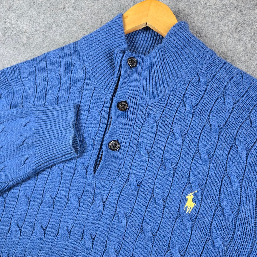 Polo Ralph Lauren Sweater Mens XL Blue Cable Knit Tussah Silk Quarter Button Zip